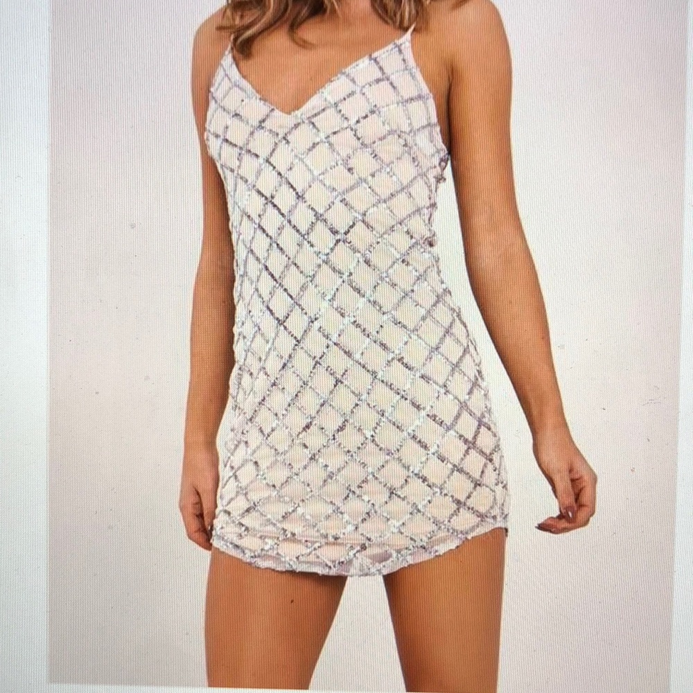 Silver Sequin Mesh Plunge Dress
